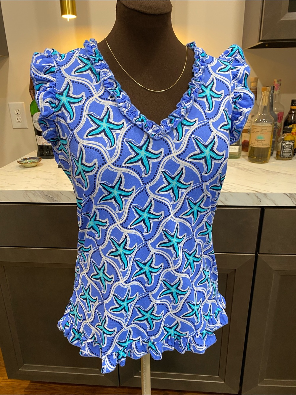 Lulu-B stretch pullover Blue Starfish tunic Ruffle colorful shirt top tank XS